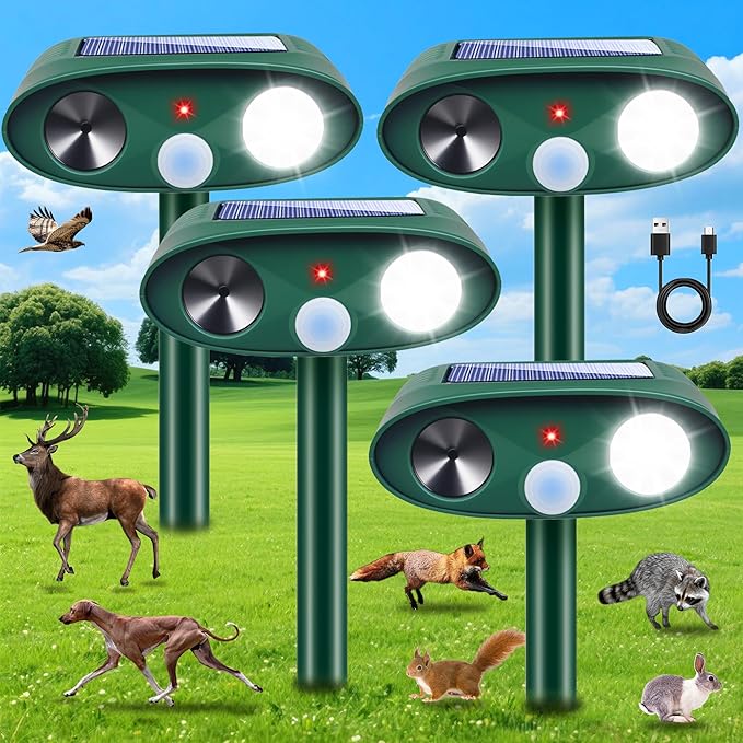 2026 Upgraded Sonic Fortress Pro Deer Repellent Outdoor Solar Ultrasonic Animal Repellent with Motion Sensor&ampFlash Light-IP65 Waterproof Cat Repellent Outdoor for RaccoonSquirrel-GardenYard 4Pac