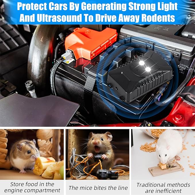 Rodent Repellent for Car Engines 2 Pack Plug-in Rodent Repeller Ultrasonic Indoor Battery Operated Car Mouse Repellent Under Hood Keep Mice Rat Squirrel Out of Car Attic Garage Barn