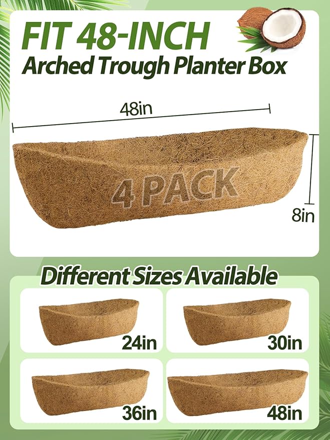 48in Arched Coco Liners for Window Planter Box - 4 Pack 100% Natural Coconut Coir Fiber Liner Replacement for Deck Flower Box Garden Railing Fence Trough Wall Planter Basket