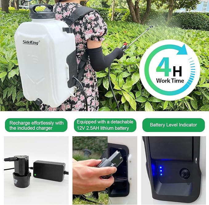 Battery Powered Backpack Sprayer 4 Gallon Powerful Electric Garden Sprayer with 12V Rechargeable Battery Telescopic Wand with Trigger-Lock and 4 Mist Nozzles (Charger Included)