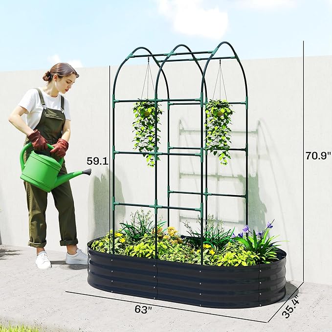 Outsunny Galvanised Raised Garden Bed with Arched Trellis 5 x 3 x 6ft Metal Outdoor Planter Box with Open Bottom Design Modular Raised Bed with Gloves for Vegetable Flower Easy Assembly Dark Gray