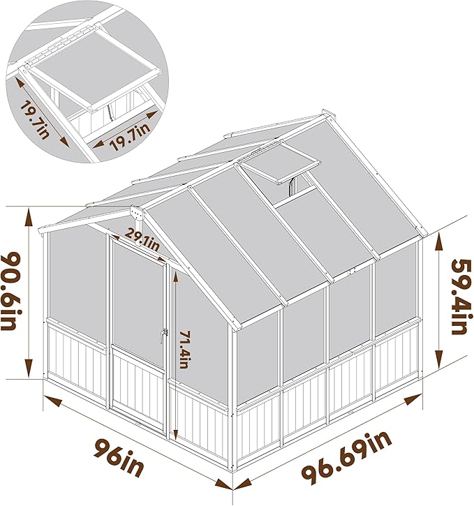VEIKOU 8’x8’ Greenhouses for Outdoors Walk-in Wood Greenhouse with Cedar Frame &amp Adjustable Vents Garden Green House with 6MM Thick Polycarbonate Panel for Outside Backyard Light Brown Mocha