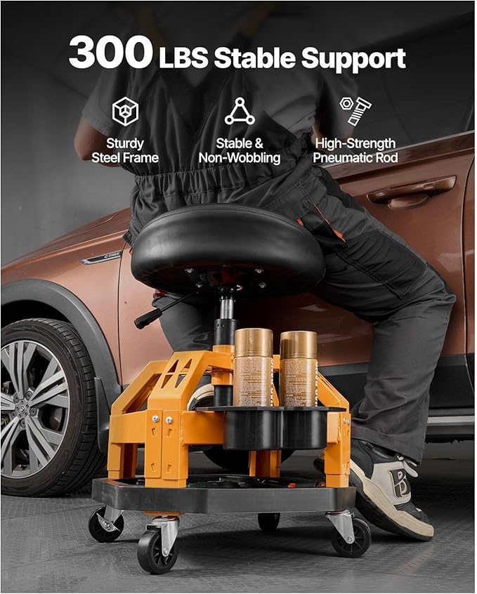 Rolling Shop Stool Heavy-Duty Garage Work Seat 300 Lbs Capacity Adjustable Height Dual Trays 360° Casters