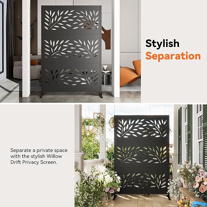 Modern Shade 4x6 FT Metal Privacy Screen with Artistic Modular Designs Decorative Patio Privacy Fence &amp Garden Divider Freestanding Outdoor Metal Fence Panel Weather-Resistant (Willow Drift)
