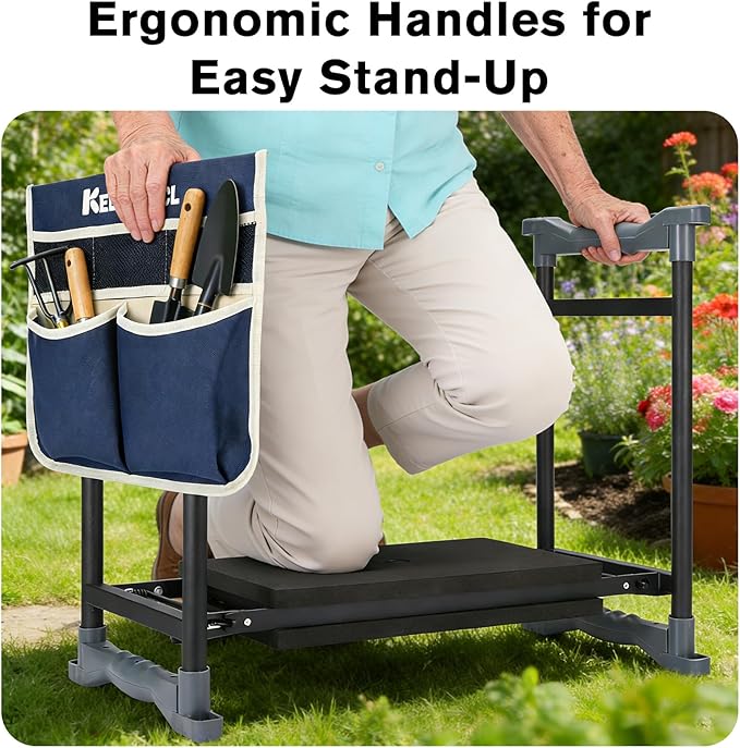 Garden Kneeler and Seat with Umbrella 2-in-1 Foldable Gardening Stool with Adjustable Bracket Detachable Tool Bags Heavy Duty Kneeling Pad for Gardening (Beige Blue)