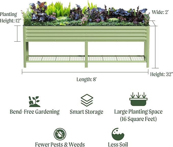 Elevated Raised Garden Bed-V Series 2' x 8' Garden Beds with Legs &amp Storage Rack for Patio Porch 1400 Lbs Weight Capacity Outdoor Planter Boxes for Gardening Herbs Vegetables Flowers Pearl Whi