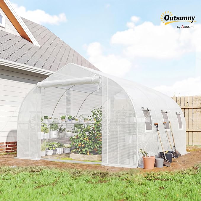 Outsunny 10'x11'x6' Walk-in Tunnel Greenhouse with Shelves Mesh Door and Windows Plant Hot House with PE Cover Outdoor Green House for Patio Lawn Garden White