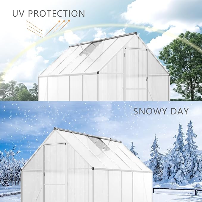 6’ x 9’ Greenhouse for Outdoors Windproof Robust Aluminum Walk-in Greenhouse with Roof Vent Window for Garden Backyards Plants Easy Assembly Silver