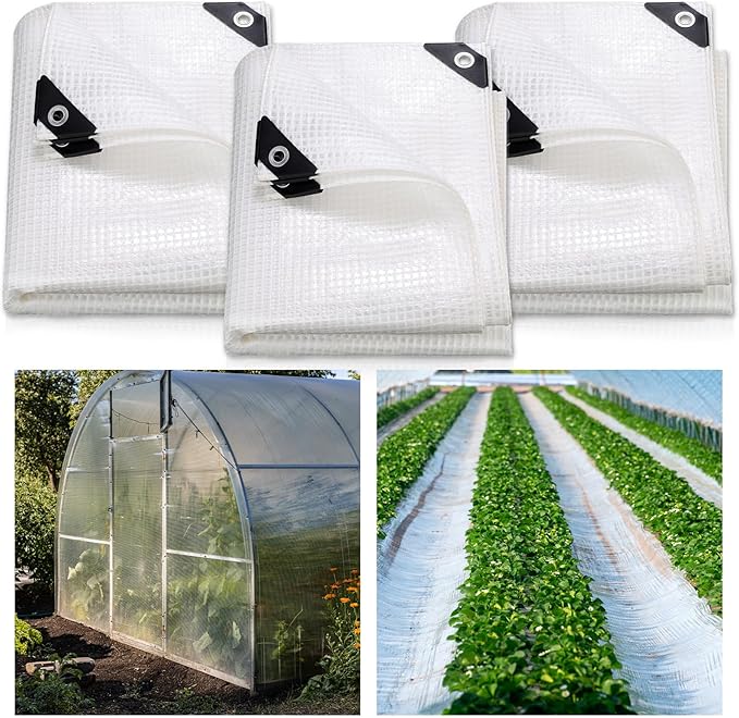 Berlune 3 Pack Clear Greenhouse Heavy Duty Tarp 8 x 10 ft Clear Waterproof Cover 14 Mil Plastic Mesh Cover UV Resistant Poly Tarp with Grommets for Gardening Farming Nursery Outdoor Event
