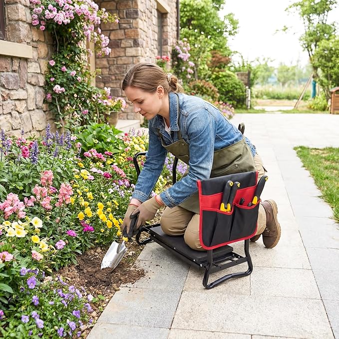 Goplus Garden Kneeler and Seat Heavy-Duty Garden Bench w/Large Tool Pouch Widen EVA Foam Kneeling Pad Portable Gardening Helper for Women Men Seniors Foldable Garden Stool for Kneeling &amp Sitti
