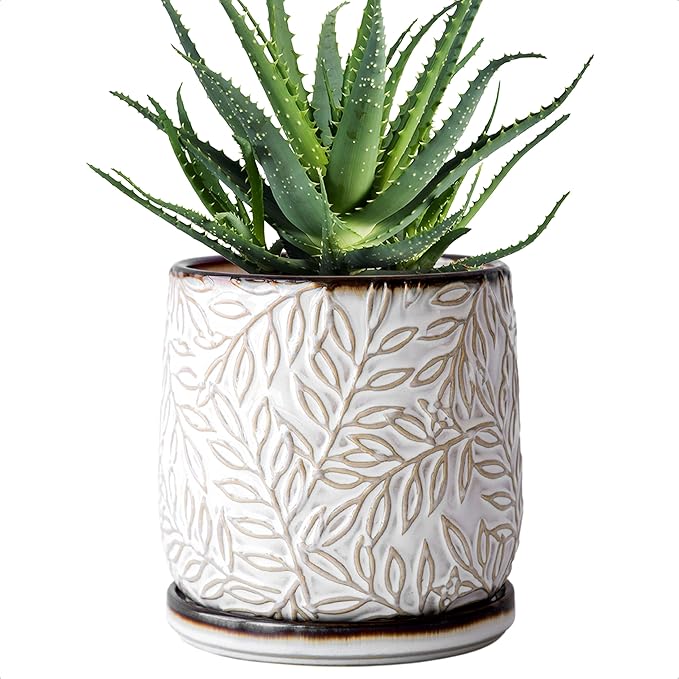 D'vine Dev 6 Inch Embossed Leaves Stoneware Planter Pot with Drainage Hole and Saucer Smoked White Set of 1 27-A-X-1