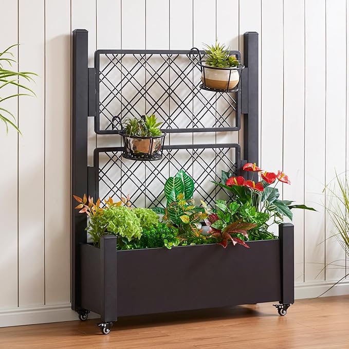 Metal Raised Garden Bed with Trellis 50Hx38Wx14D Inch Compact Planter Box for Climbing Plants Patio Balcony Garden Privacy Screen with Wheels and Drainage Holes Black