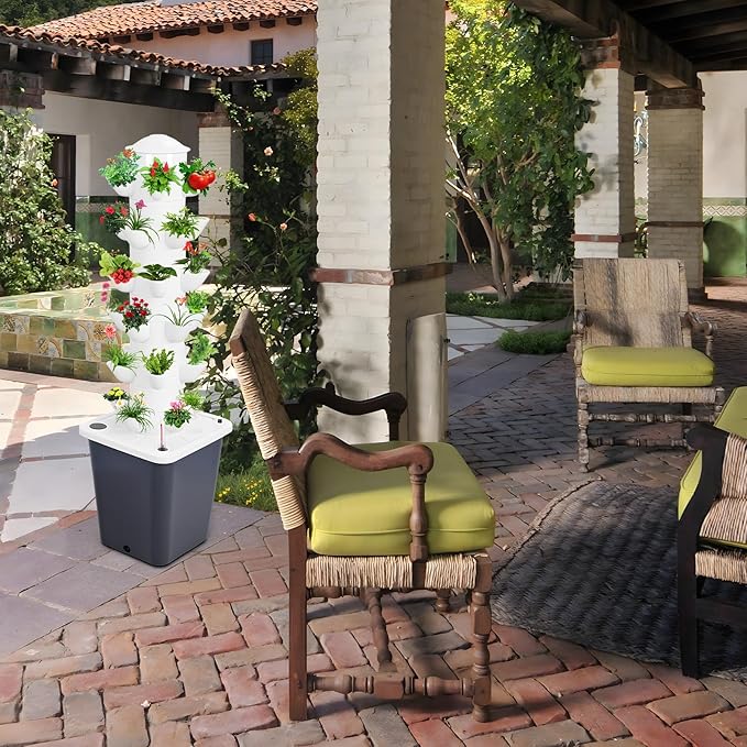 Hydroponic Tower Hydroponics Growing System Kit 6 Layers 30 Pods Vertical Planter Tower with 10L Tank Indoor Outdoor Hydroponic Grow System for Herb/Strawberry/Vegetable/Flower Planting (White)