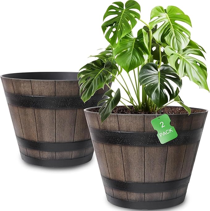 Large Plant Pots 20 Inch 2 Pack Plastic Whiskey Barrel Planters Big Flower Pots Wine Barrel Design for Outdoor Indoor Garden Porch Patio Backyard