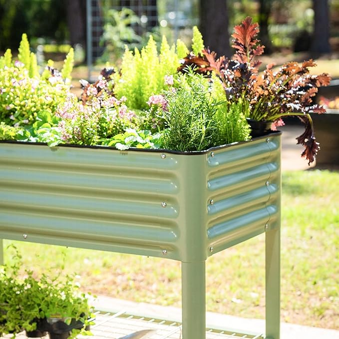 Elevated Raised Garden Bed-V Series 2' x 8' Garden Beds with Legs &amp Storage Rack for Patio Porch 1400 Lbs Weight Capacity Outdoor Planter Boxes for Gardening Herbs Vegetables Flowers Pearl Whi