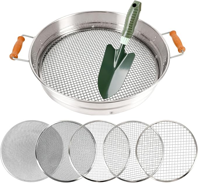 Large 14.57 Soil Sifter with 5 Interchangeable Stainless Steel Mesh Screens (1/3/6/9/12mm) + Stainless Steel Hand Trowel + Galvanized Garden Sieve for Compost Sand Gravel &amp Cat Litter (Silver)