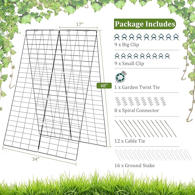Cucumber Trellis 8-Panel Metal Plant Support w/Rustproof PP-Coated A-Frame Clips Stakes Spiral Connectors Cable Tie &amp Twist Tie Garden Trellis for Climbing Plants Outdoor Raised Bed