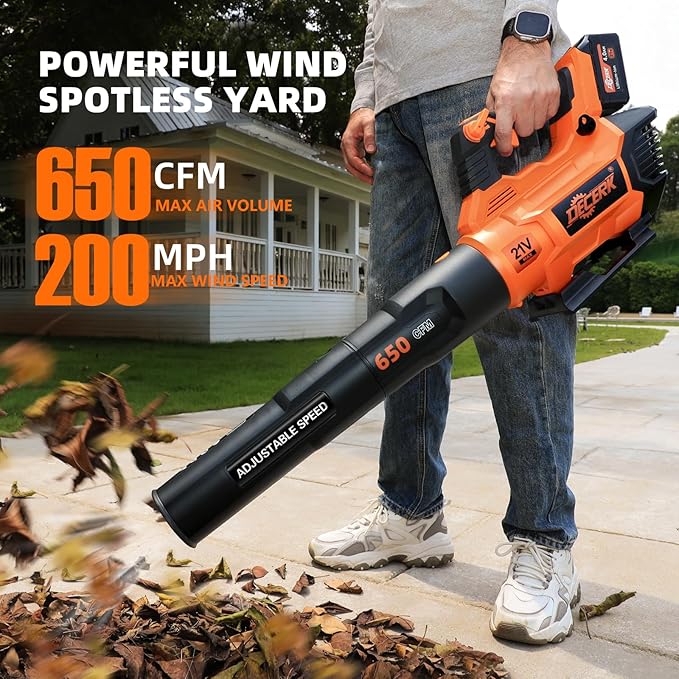 Decerk 21V Leaf Blower Cordless Electric Snow Blowers with 2X 4.0Ah Battery Lightweight Blower with Turbo Button Variable Speed Dial and Cruise Control for Sidewalks Garages Yards &amp Patios