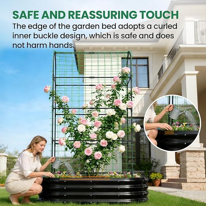 SUNYRISY 2Pack Galvanized Raised Garden Bed with 71in Arch Trellis for Climbing Plants Outdoor Planter Box with Climbing Net for Gardening Flowers Vegetables Fruits Herbs Black