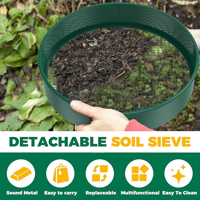 Soil Sifter for Gardening 12 Inch Dirt Garden Sieve Soil Sifter with 4 Replaceable Fine Screens and Shovel and Soil Replacement Pad Rock Sieve Sifter Soil Sieve Sifter Set Sifting Pan