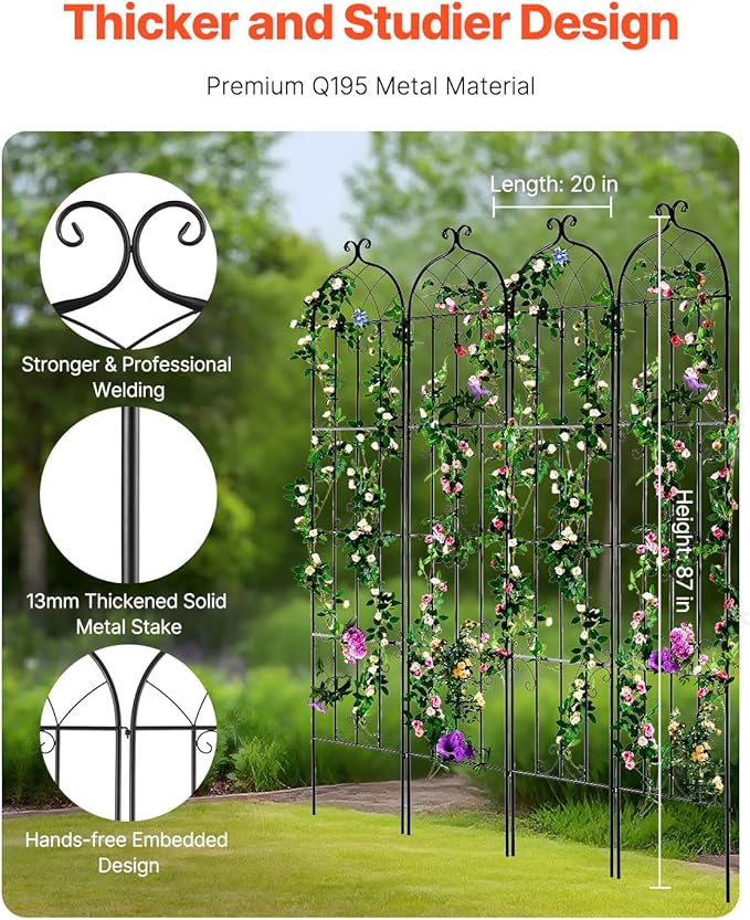 VEVOR Garden Trellis for Climbing Plants 87 x 20 in 4 Packs Rustproof Metal Garden Flower Rose Trellis Outdoor Climbing Clematis Trellis Cucumbers Support for Courtyards Lawns