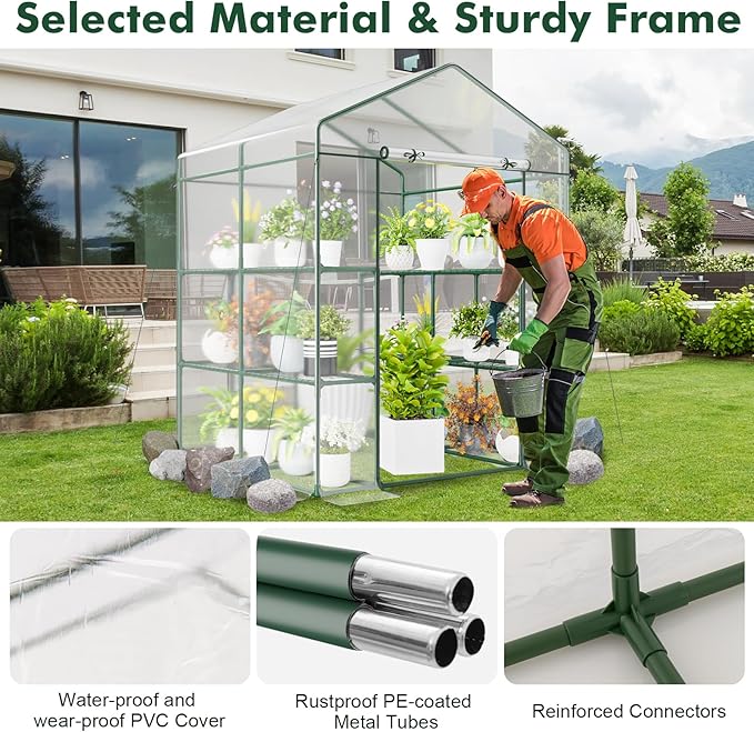 Happygrill Greenhouse Portable Greenhouses for Outdoors w/8 Shelves Roll-Up Zippered Door 2 Observation Windows &amp 2 Tiers Weather-Proof PE Cover Wind Rope (Transparent 55” x 57” x 77”)