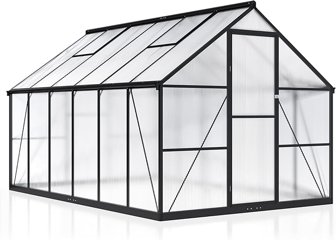 WKM 8x12 FT Greenhouse for Outdoors Quick-fit Structure Polycarbonate Green House with Window for Ventilation Walk-in Aluminum Greenhouse for Outside Garden Backyard Black