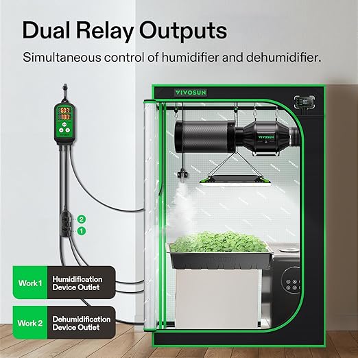 VIVOSUN Humidity Controller 1200W Dual-Stage Outlet Pre-Wired Digital Humidistat with Dual LED Displays for Humidifier/Dehumidifier/Fan Ideal for Greenhouse Grow Tent Home-Brewing Mushroom