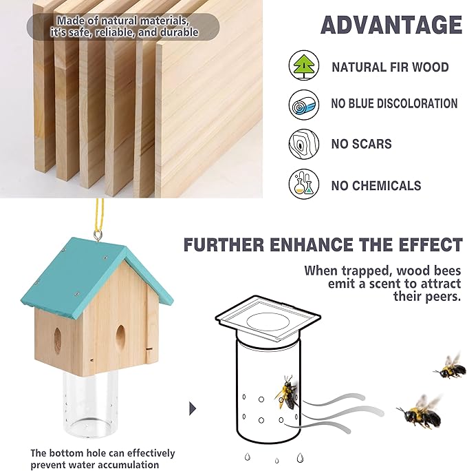 Carpenter Bee Trap for Outside - Best Bee Trap - Blue Cabin Style Nature Hanging Wood Carpenter Bee Traps Outdoor - Insect Traps with Removable Vault (4 Pack)