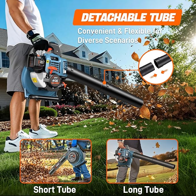 SENIX 26.5cc Gas Leaf Blower 4-Cycle Engine Handheld Gas Powered Blower 410CFM &amp 125MPH 7000RPM for Lawn Care Leaf &amp Debris Cleanup Driveways