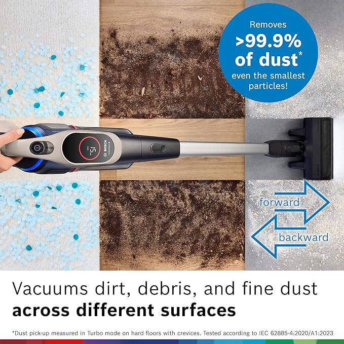 Bosch Unlimited 9 Cordless Stick Vacuum Cleaner - Up to 60 Min Battery Fast Charger Multi-Surface Vacuums Pet Hair Hard Floors and Carpets HEPA Filter 3 Accessories Dark Cream
