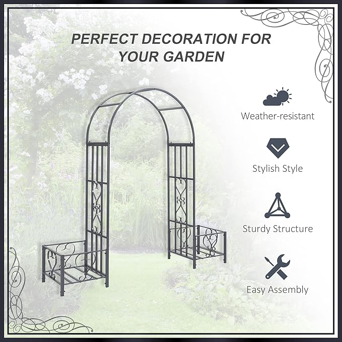 6.7' Steel Garden Arch with Scrollwork Hearts Planter Boxes for Climbing Vines Ceremony Weddings Party Backyard Lawn Dark Gray YG741