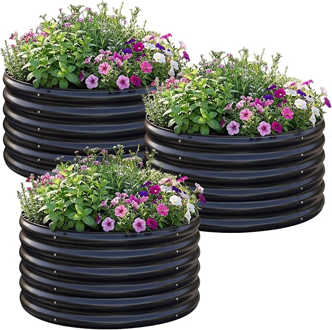 AHEONLAR 3PCS 2x2x2FT Galvanized Raised Garden Bed Kit Round Metal Flower Box Large Planter Raised Beds Outdoor Garden for PlantingFruitHerb Black