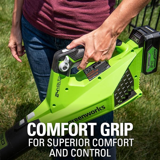 Greenworks 24V (110 MPH / 450 CFM / 200+ Compatible Tools) Cordless Brushless Axial Leaf Blower 4.0Ah Battery and Charger Included