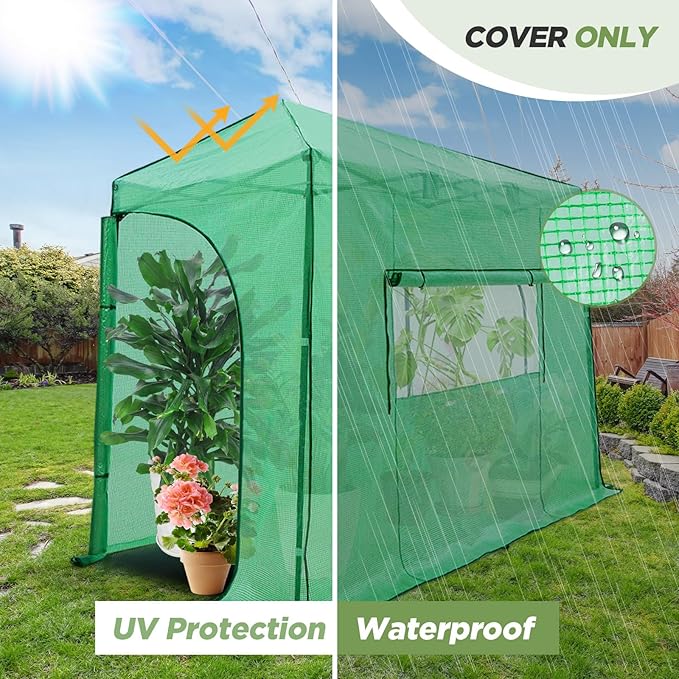EAGLE PEAK Replacement Cover for 10x5 Portable Lean-to Greenhouse 2 Roll-Up Zipper Entry Doors and 1 Large Roll-Up Side Window (Frame Not Included) Green