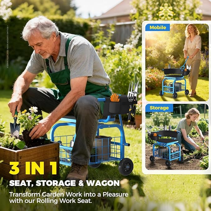 Suntee Garden Seat with Wheels Rolling Gardening Stool with 360° Swivel Seat &amp BackrestTool Storage Basket &amp Back Tool Pouch Adjustable Handle Outdoor Gardening Scooter Garden Cart for Se