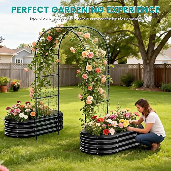 SUNYRISY Galvanized Raised Garden Bed with 87 H Arch Trellis for Climbing Plants Outdoor Metal Planter Box with Netting for Gardening Flowers Vegetables Fruit Herb Black