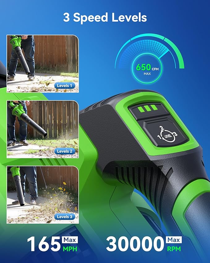 Cordless Leaf Blower 2x4000mAh Battery Powered Electric Leaf Blower with Noise-Reduction Earmuffs 165 MPH 650 CFM Garden Tools for Lawn Care Yard Patio Garage