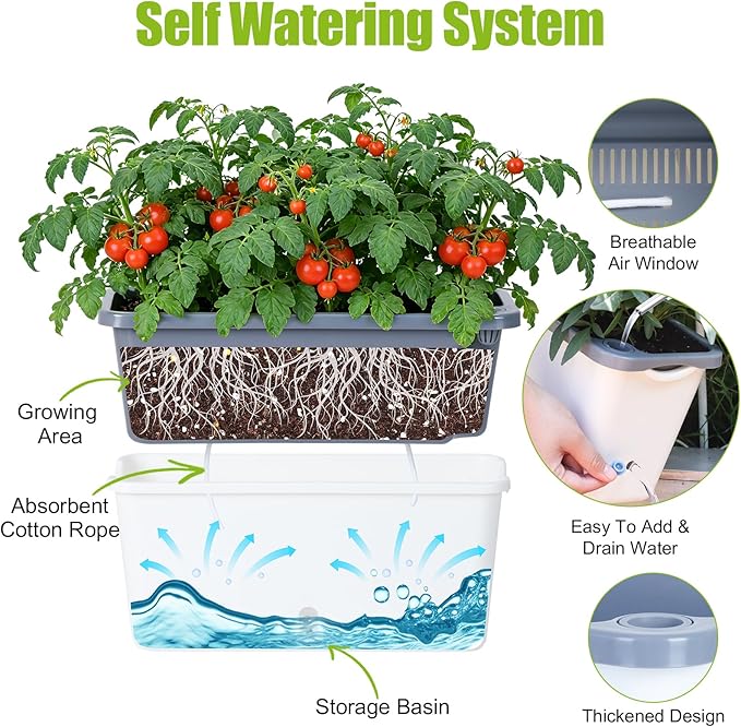 Window Box Planter 4 Packs 14 Inches Rectangle Flower Pots with Breathable Drainage Holes Pots for Vegetables Herbs Flowers Garden Windowsill Balcony (White &amp Grey)