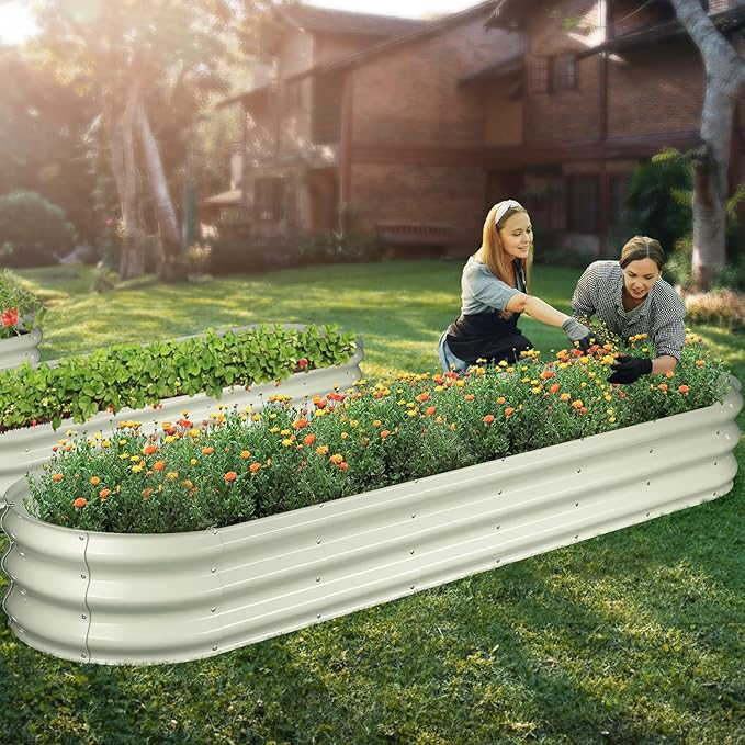 Raised Garden Bed Kit 8x2x1 ft Galvanized Planter Box Outdoor Oval Large Metal Raised Beds for Gardening Vegetables Flower Herb (Pearl White)