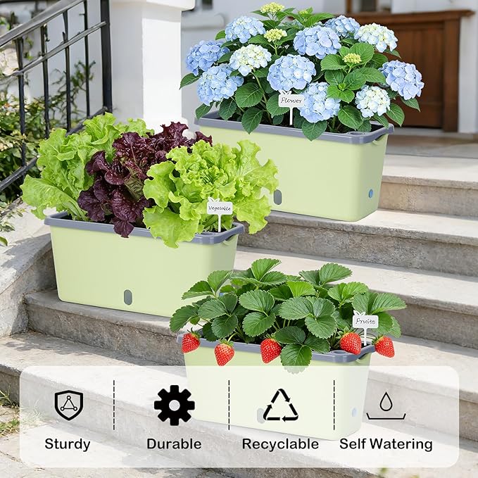 Window Box Planter 4 Packs 14 Inches Rectangle Flower Pots with Breathable Drainage Holes Pots for Vegetables Herbs Flowers Garden Windowsill Balcony (Green &amp Grey)
