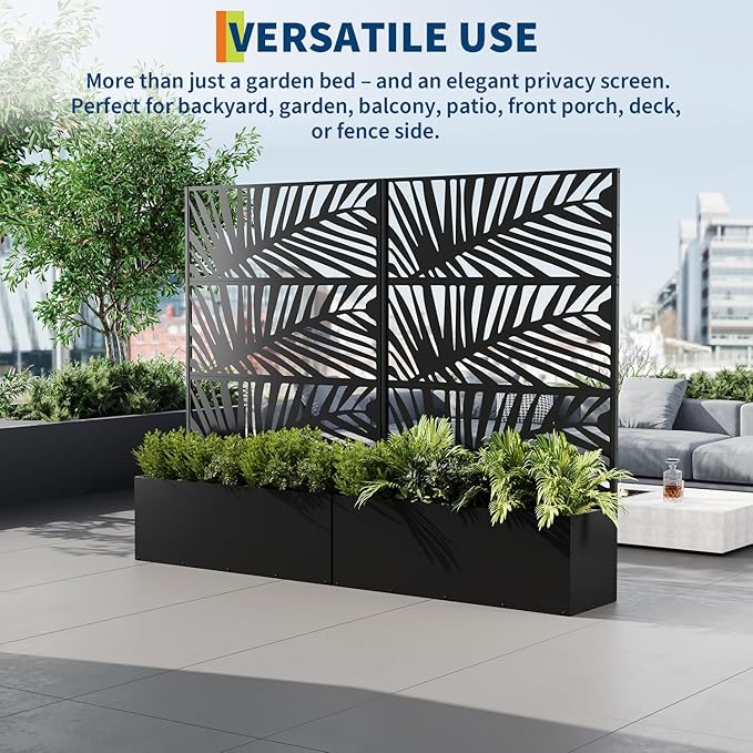 Large Metal Raised Garden Bed Planter Box with Trellis – Deep 15.8 for Climbing Plants Vegetables Privacy Screen Drainage Holes Modern Outdoor – 118x40x180cm Palm Leaf Design