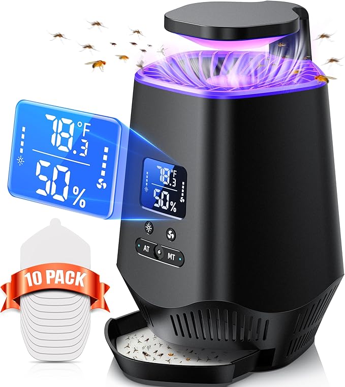 Fruit Fly Traps for Indoors Smart Fly Trap Indoor Bug Zapper Gnat Traps for House Indoor with Temperature and Humidity Sensor 10PCS Sticky Boards Black 01