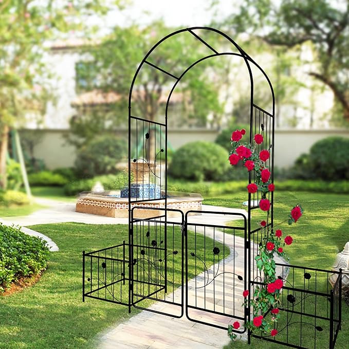 Metal Garden Arch with Double Gate 79.5 Wide x 86.6 High Black Outdoor Rose Trellis Climbing Plants Support Arbor with Side Planter Stands