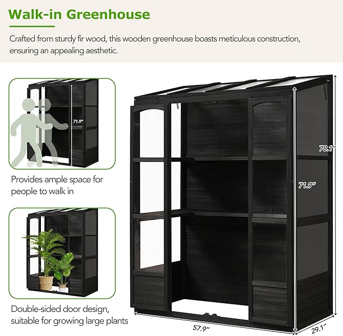 Walk-in Greenhouse for Outdoor 78 Inch Wooden Green House Cold Frame with 2 Doors 4 Openable Independent Skylights 2 Folding Middle Shelves Heavy Duty Plant Gardening Green House for Backyard Black