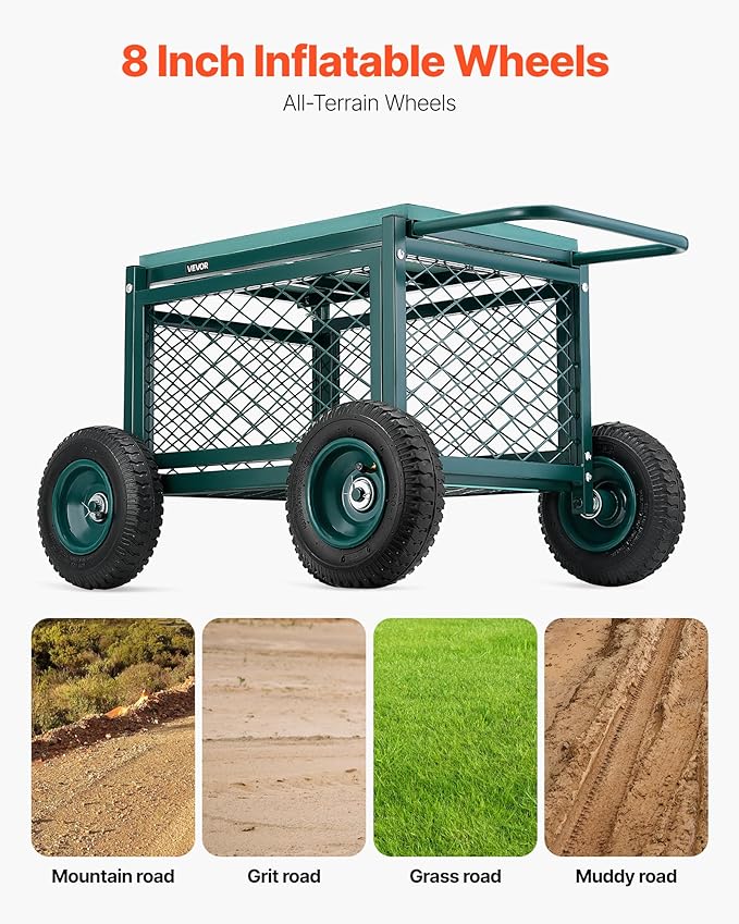 VEVOR Rolling Garden Cart with Seat Metal Rolling Garden Work Seat with Wheels Supports up to 400 LBS Heavy Duty Gardening Cart Scooter Outdoor Wagon &amp Stool on Wheels for Lawn Patio Backyar