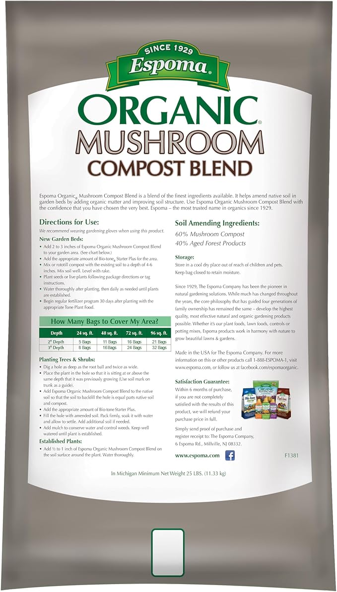 Espoma Organic Mushroom Compost Blend. Combines Rich Mushroom Compost with Aged Forest Products to Make The Perfect Soil Conditioner. 0.75 Cubic Foot Bag - Pack of One