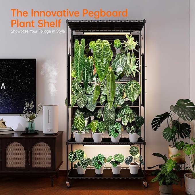 Bstrip Plant Cabinet with Pegboard 3 Tier Plant Shelf with Grow Light Metal Plant Stand with 4 Pack 96W Grow Lights for Indoor Plant Foliage Plants Seed Starting 35.4x13.8x71