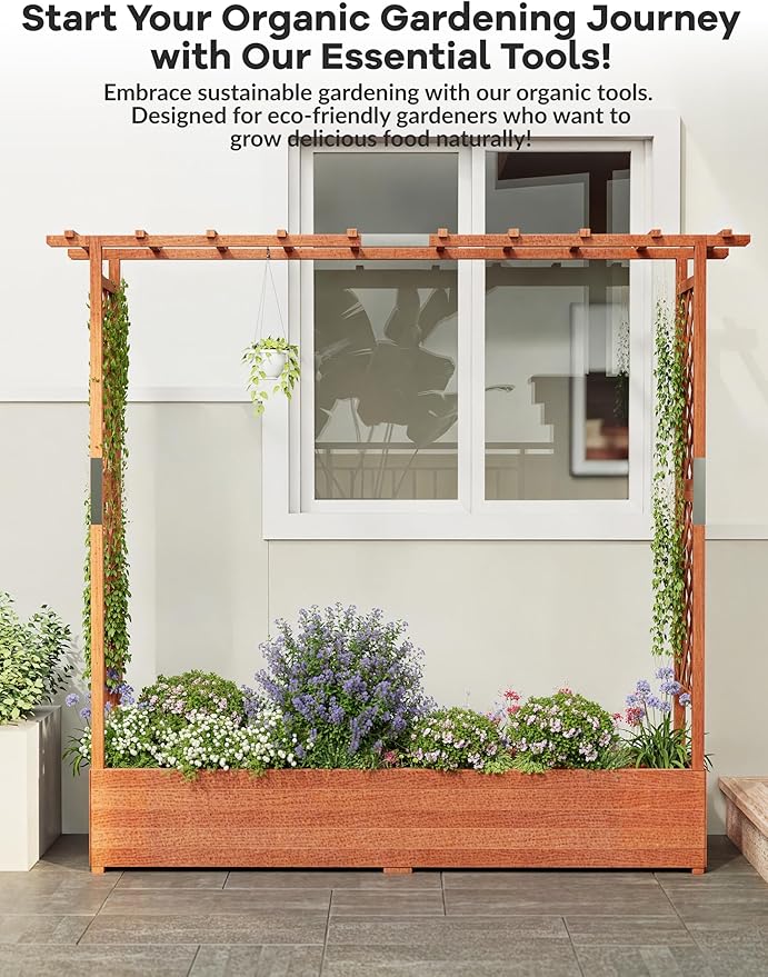 Raised Garden Bed with Trellis Wood Planter Box with Hanging Roof Side Trellis &amp Drainage Freestanding Garden Planter for Climbing Plants Vegetables Flowers