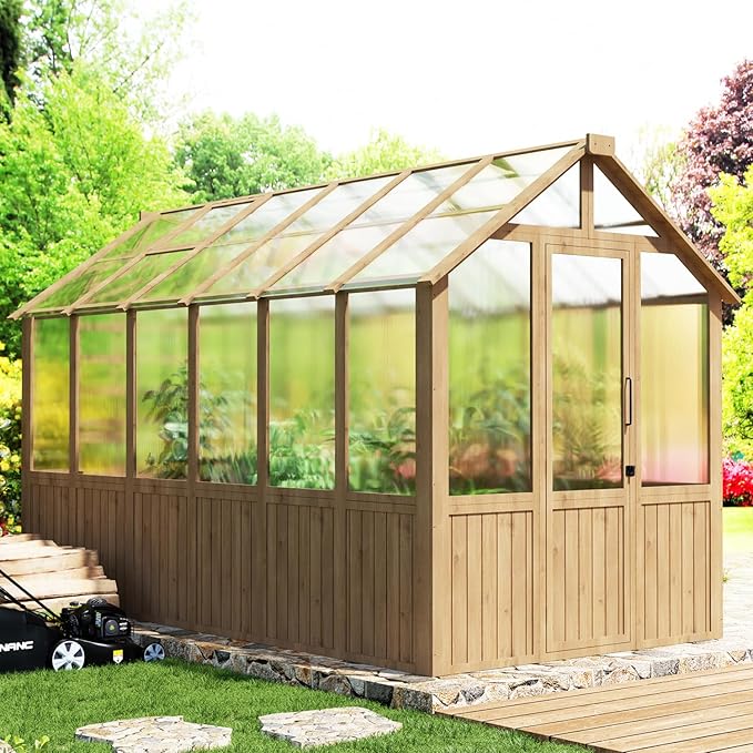 EBE 6'x12' Wood Greenhouse Walk-in Greenhouse Outdoor with Polycarbonate Panel Garden Greenhouses with Adjustable Roof Vent for Patio Yard and Backyard